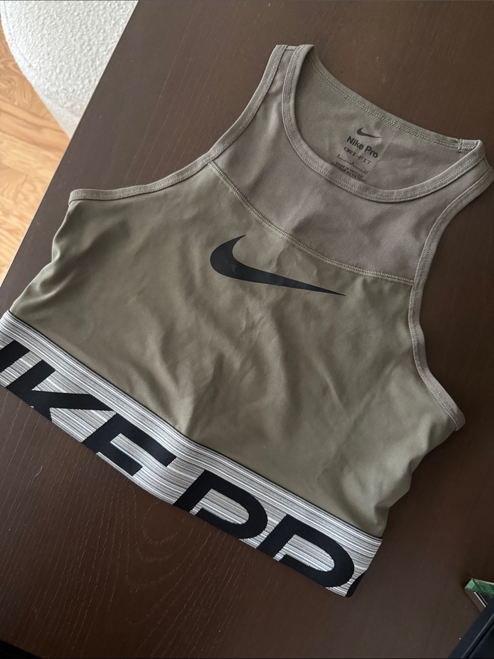 Nike Olive Green Racerback Crop Sports Bra Top with Black Swoosh